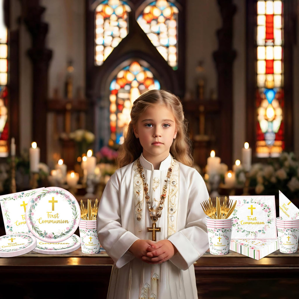 Dydamud Pink First Communion Party Supplies Set for 25 – Plates, Napkins, Cups & Cutlery with Gold Cross Floral Design