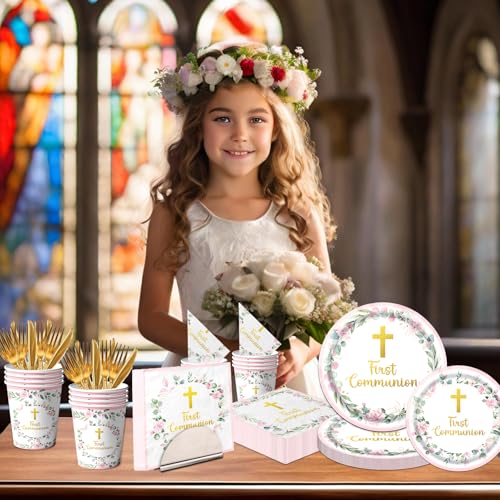 Dydamud Pink First Communion Party Supplies Set for 25 – Plates, Napkins, Cups & Cutlery with Gold Cross Floral Design