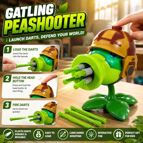 Dyharnsty Gatling Peashooter Action Figure - PVZ Toy with 4 Launchers, Eco-Friendly PVC, Water Resistant
