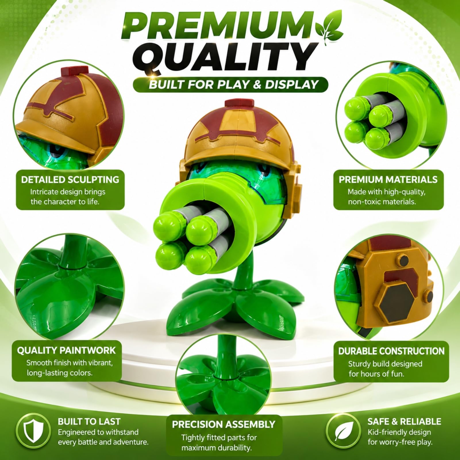 Dyharnsty Gatling Peashooter Action Figure - PVZ Toy with 4 Launchers, Eco-Friendly PVC, Water Resistant
