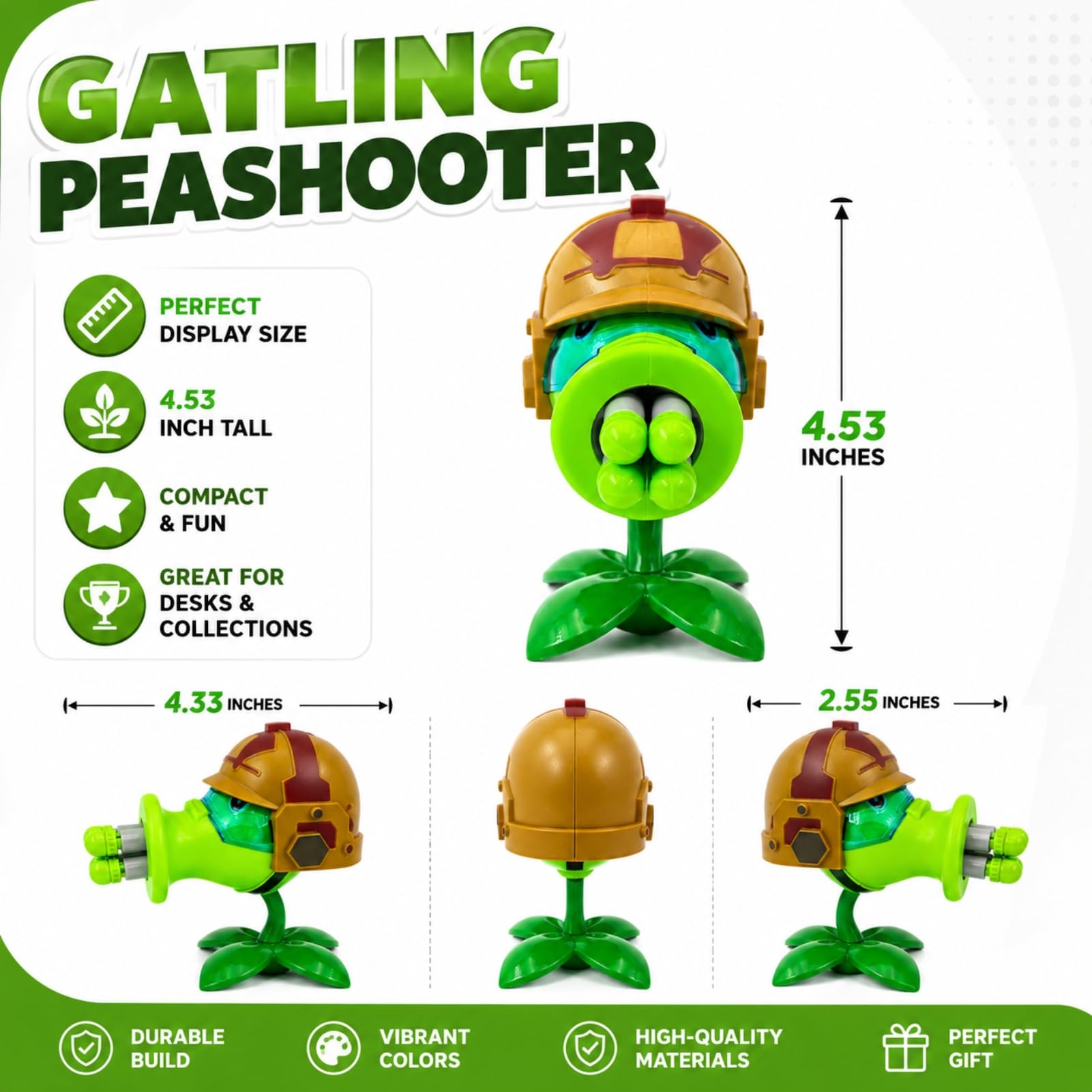 Dyharnsty Gatling Peashooter Action Figure - PVZ Toy with 4 Launchers, Eco-Friendly PVC, Water Resistant