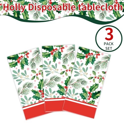 DYLIVeS 3-Pack Disposable Tablecloths - Holly Berry Plastic Covers for Christmas, Rectangular 54x108 Inch
