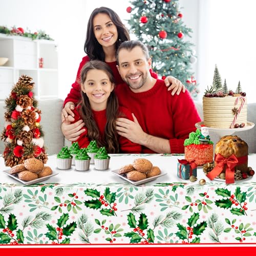 DYLIVeS 3-Pack Disposable Tablecloths - Holly Berry Plastic Covers for Christmas, Rectangular 54x108 Inch