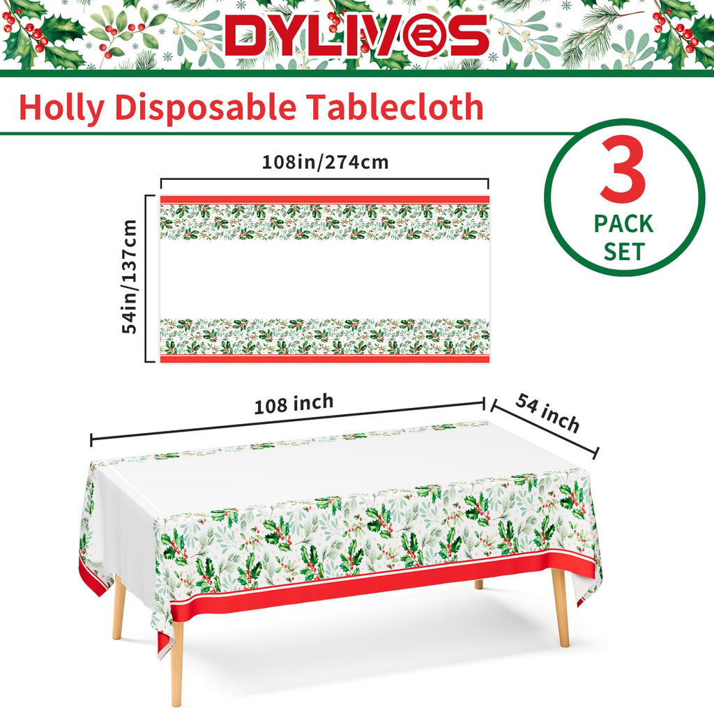 DYLIVeS 3-Pack Disposable Tablecloths - Holly Berry Plastic Covers for Christmas, Rectangular 54x108 Inch