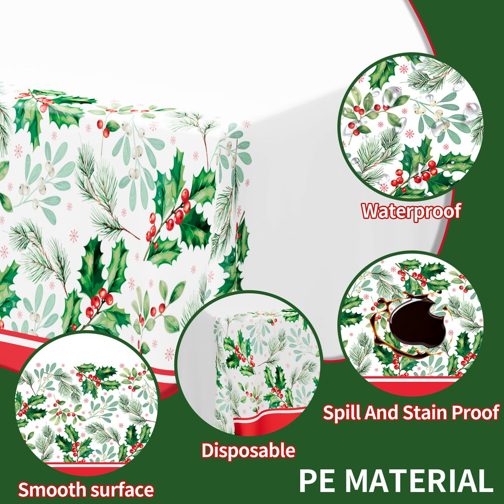 DYLIVeS 3-Pack Disposable Tablecloths - Holly Berry Plastic Covers for Christmas, Rectangular 54x108 Inch