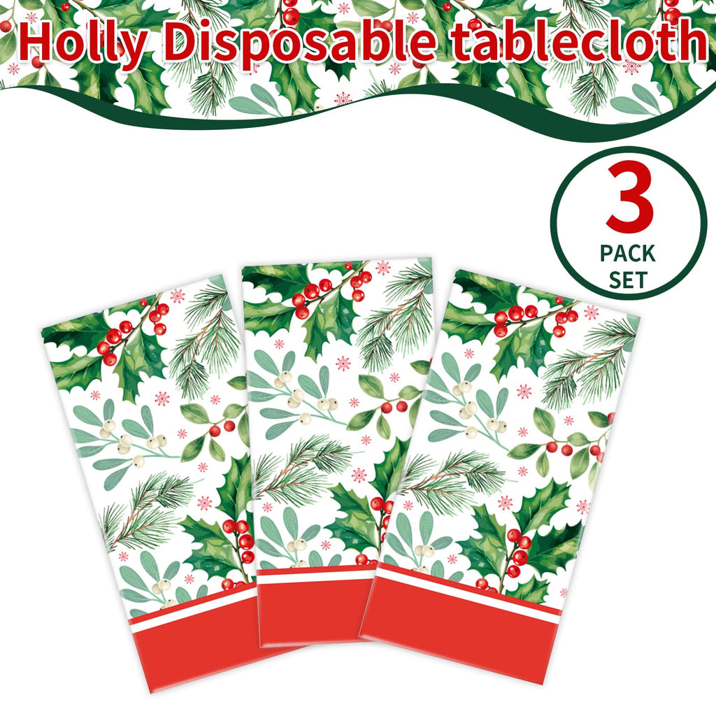 DYLIVeS 3-Pack Disposable Tablecloths - Holly Berry Plastic Covers for Christmas, Rectangular 54x108 Inch