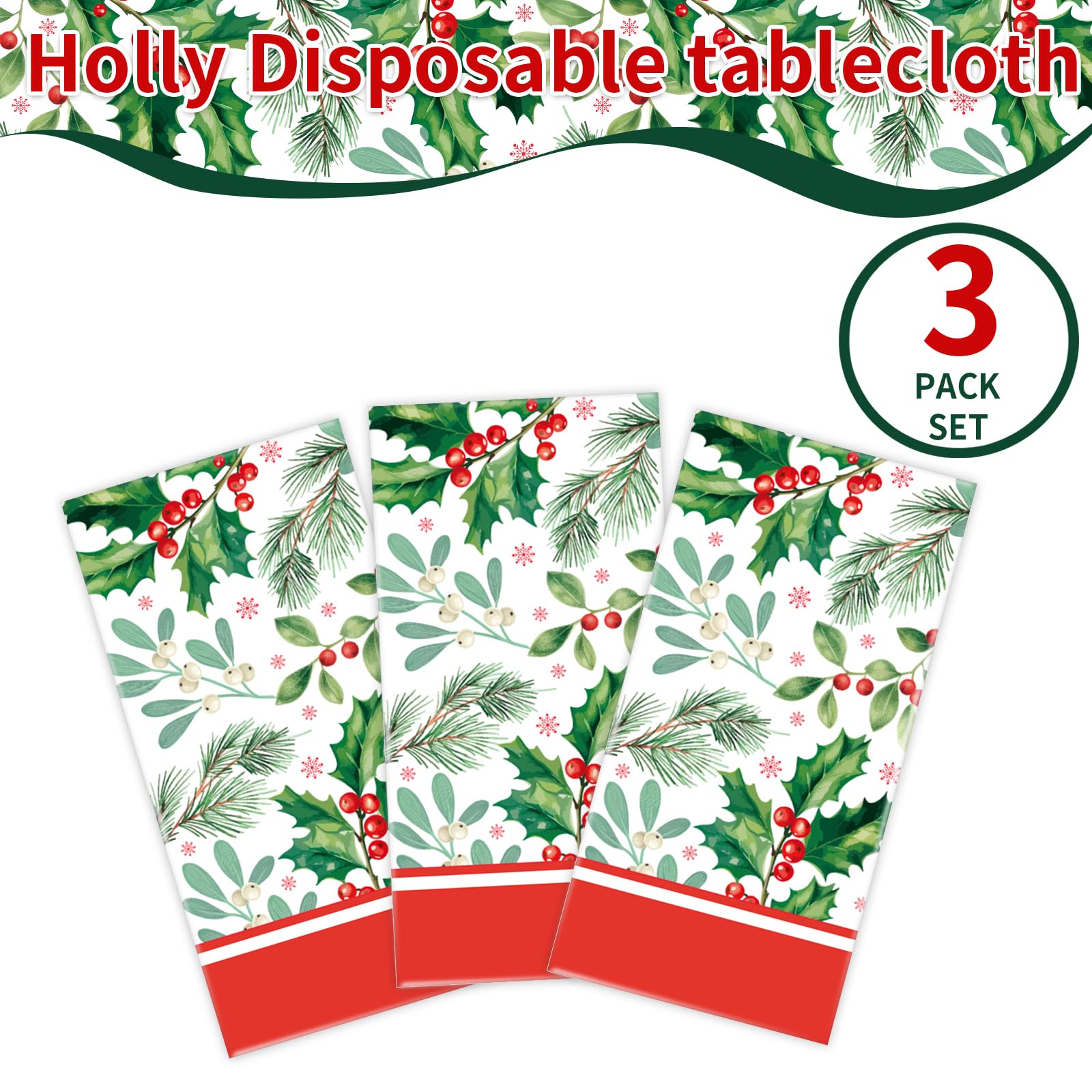 DYLIVeS 3-Pack Disposable Tablecloths - Holly Berry Plastic Covers for Christmas, Rectangular 54x108 Inch