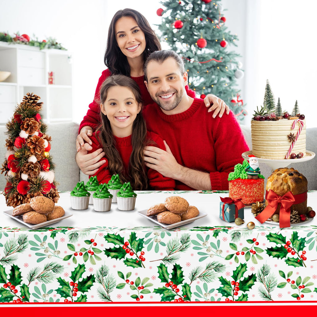 DYLIVeS 3-Pack Disposable Tablecloths - Holly Berry Plastic Covers for Christmas, Rectangular 54x108 Inch