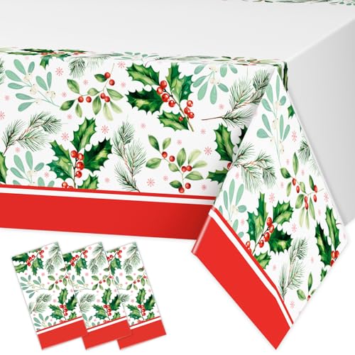 DYLIVeS 3-Pack Disposable Tablecloths - Holly Berry Plastic Covers for Christmas, Rectangular 54x108 Inch