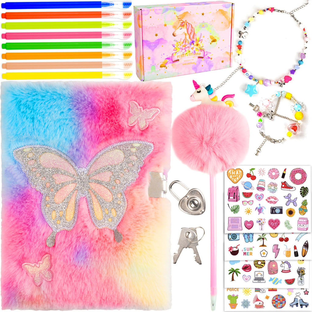 EABUY Diary for Girls with Lock and Keys – Plush Butterfly Notebook, A5, 160 Pages, Gift Set with Pens and Stickers (Pink Butterfly)