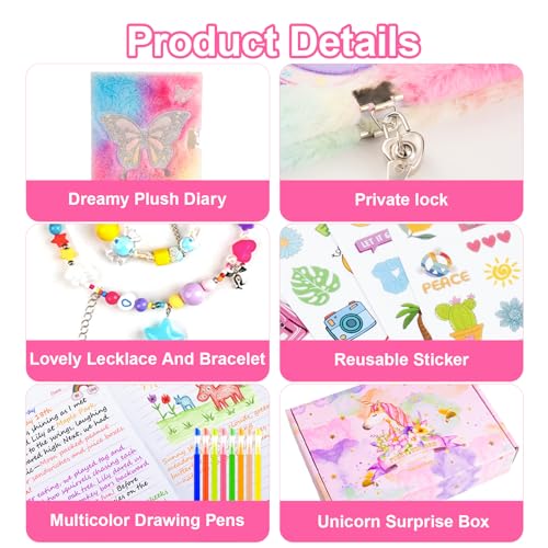 EABUY Diary for Girls with Lock and Keys – Plush Butterfly Notebook, A5, 160 Pages, Gift Set with Pens and Stickers (Pink Butterfly)
