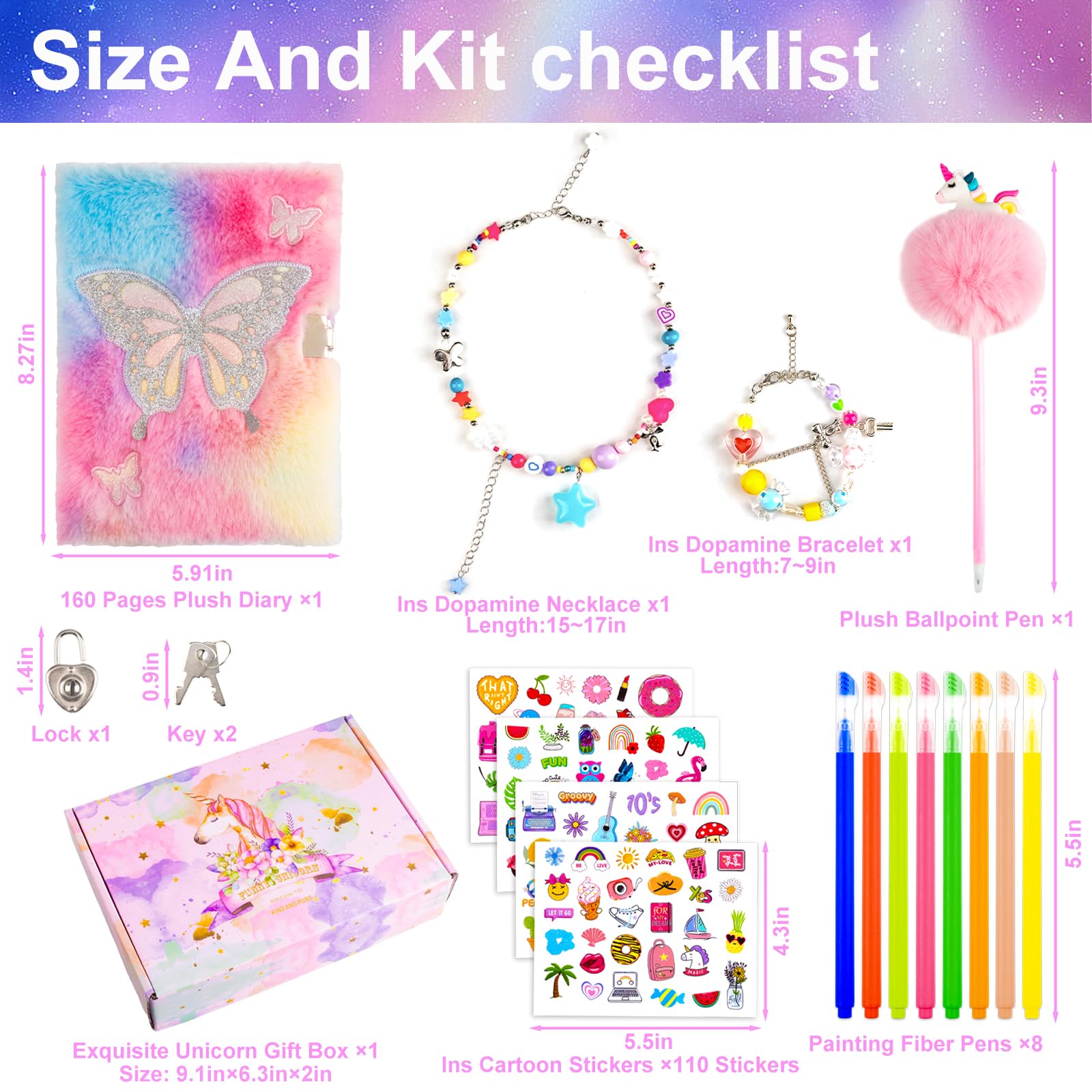 EABUY Diary for Girls with Lock and Keys – Plush Butterfly Notebook, A5, 160 Pages, Gift Set with Pens and Stickers (Pink Butterfly)