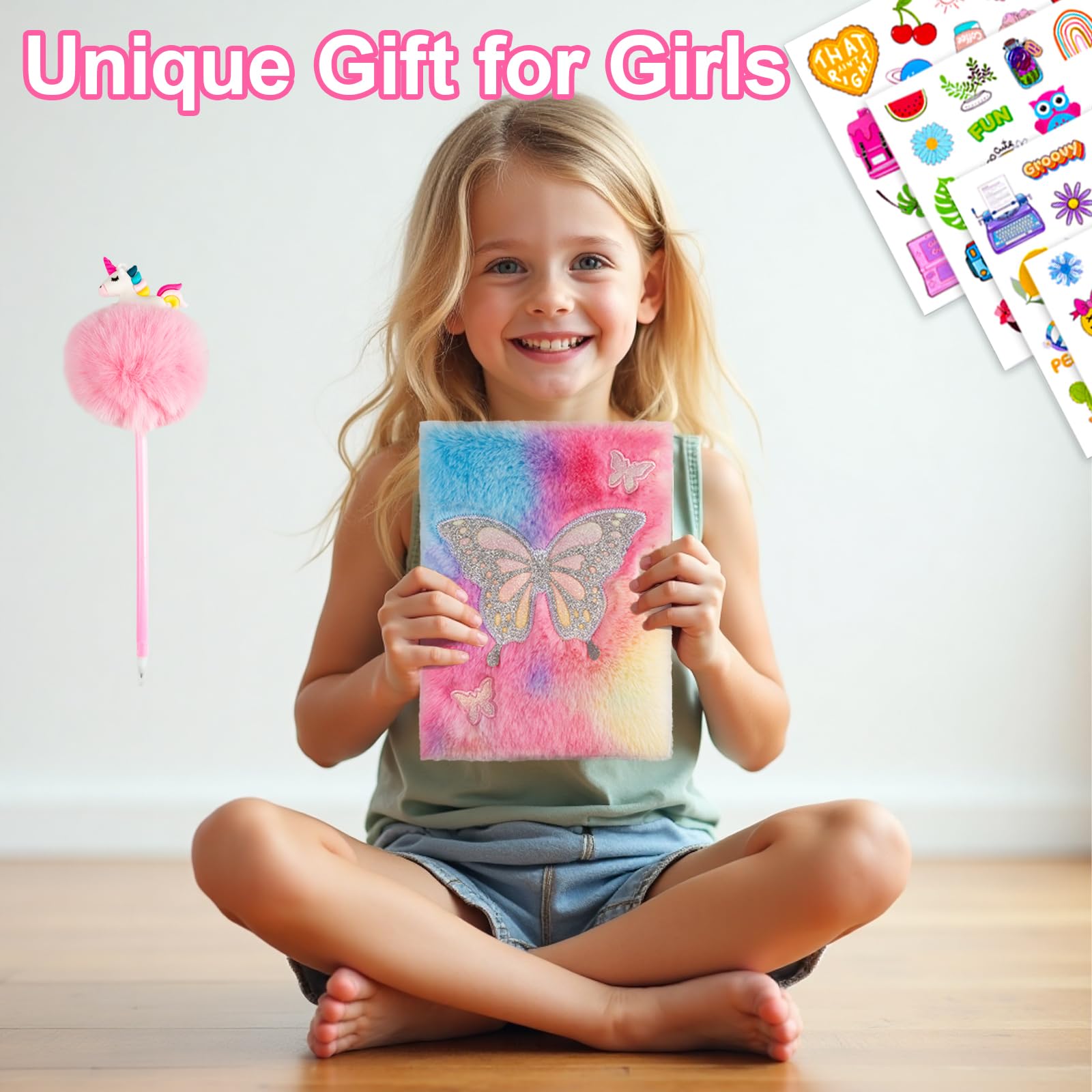 EABUY Diary for Girls with Lock and Keys – Plush Butterfly Notebook, A5, 160 Pages, Gift Set with Pens and Stickers (Pink Butterfly)