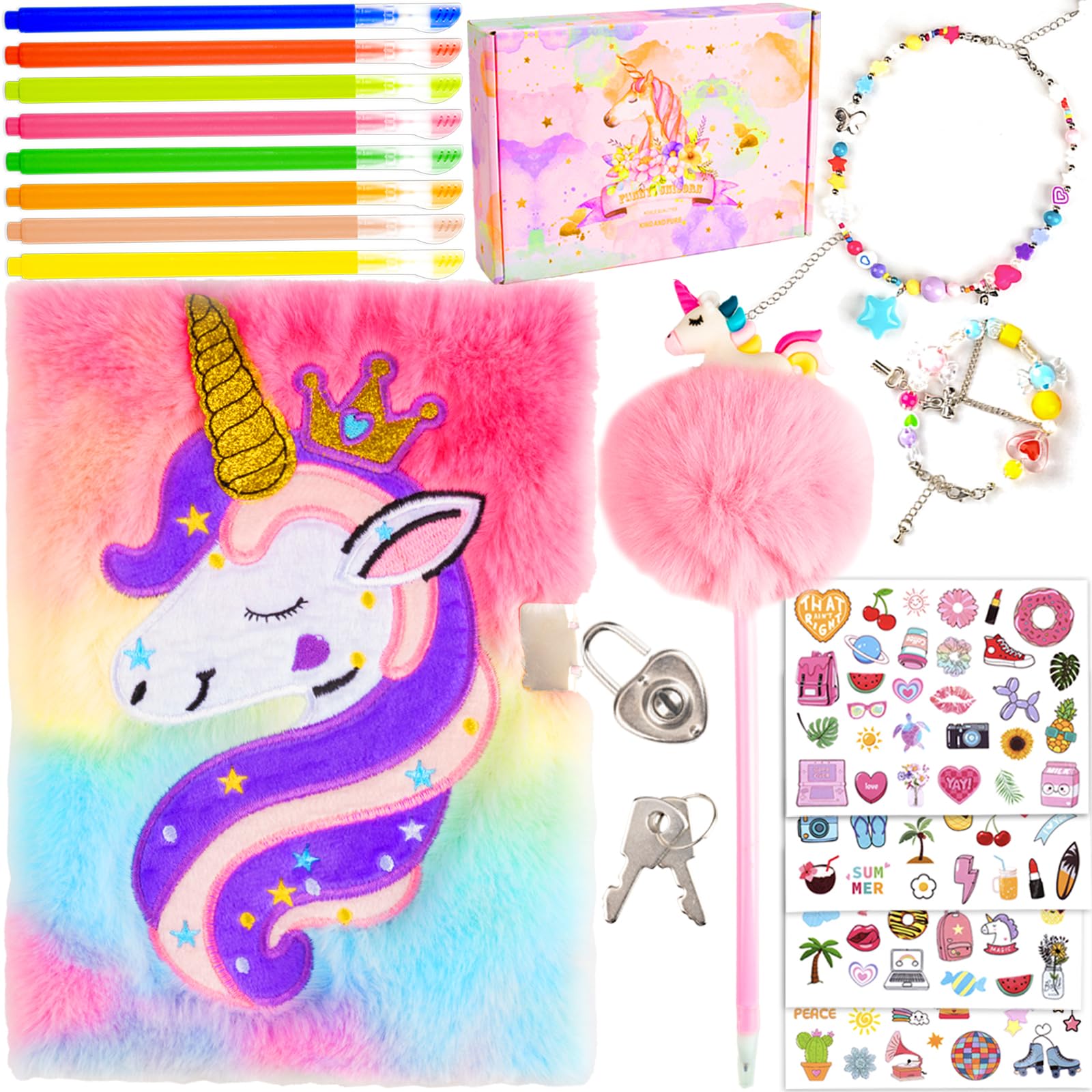 EABUY Pink Unicorn Diary for Girls with Lock and Keys - A5 Journal Set with Pens, Stickers & More