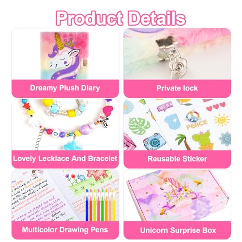 EABUY Pink Unicorn Diary for Girls with Lock and Keys - A5 Journal Set with Pens, Stickers & More
