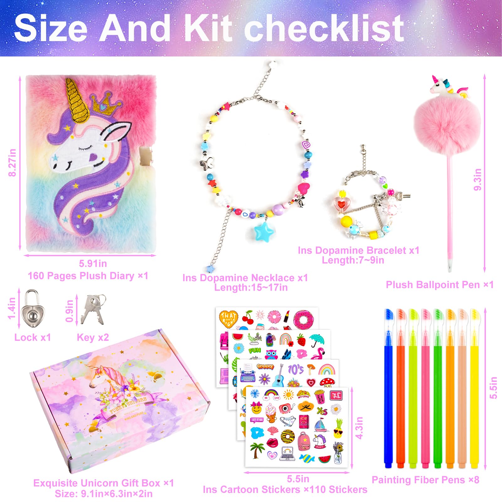 EABUY Pink Unicorn Diary for Girls with Lock and Keys - A5 Journal Set with Pens, Stickers & More