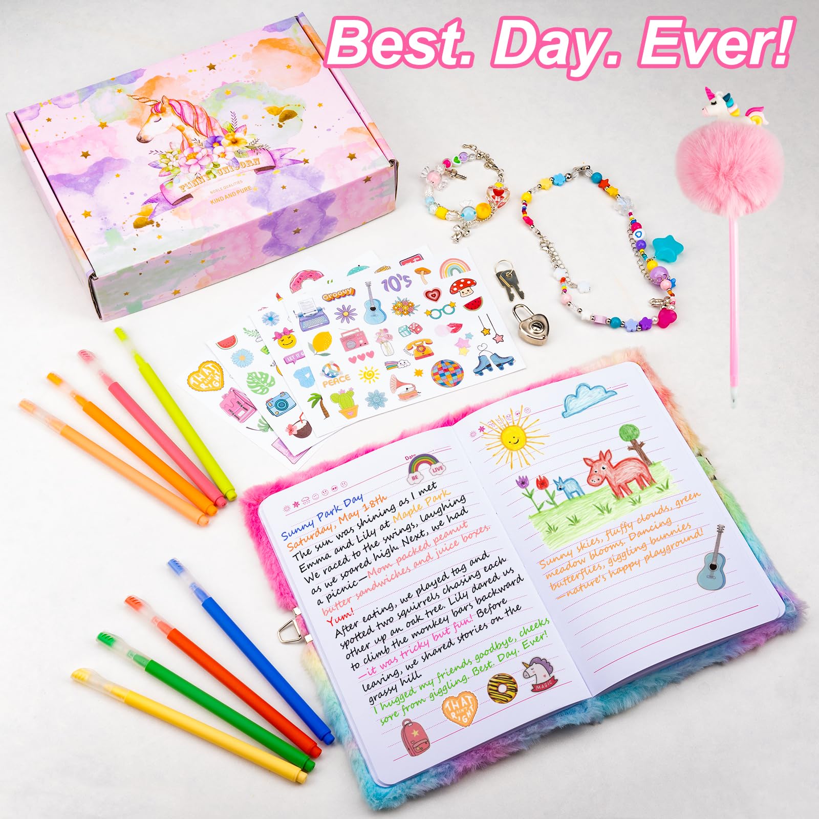 EABUY Pink Unicorn Diary for Girls with Lock and Keys - A5 Journal Set with Pens, Stickers & More