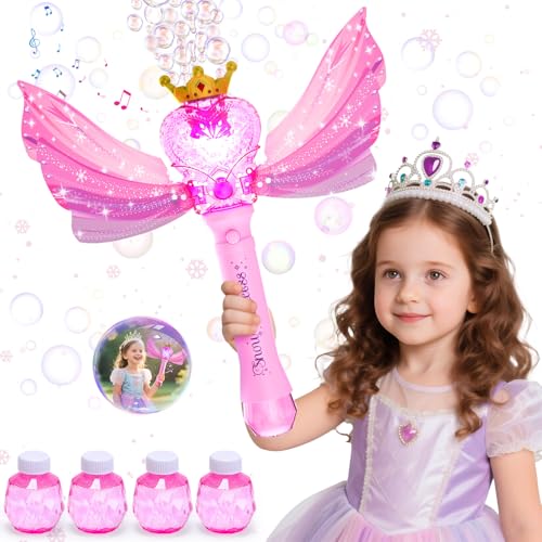 EagleStone Princess Bubble Wand with LED Lights & Music – Includes 4 Bubble Solutions, Outdoor Toy Gift for Girls Ages 3-8