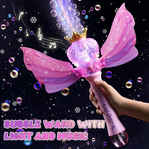 EagleStone Princess Bubble Wand with LED Lights & Music – Includes 4 Bubble Solutions, Outdoor Toy Gift for Girls Ages 3-8