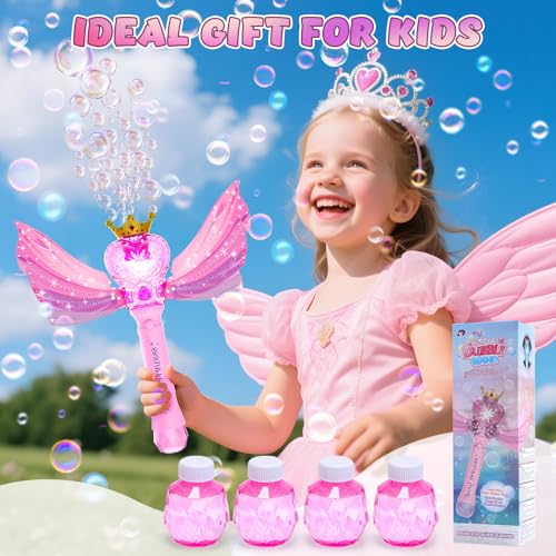 EagleStone Princess Bubble Wand with LED Lights & Music – Includes 4 Bubble Solutions, Outdoor Toy Gift for Girls Ages 3-8