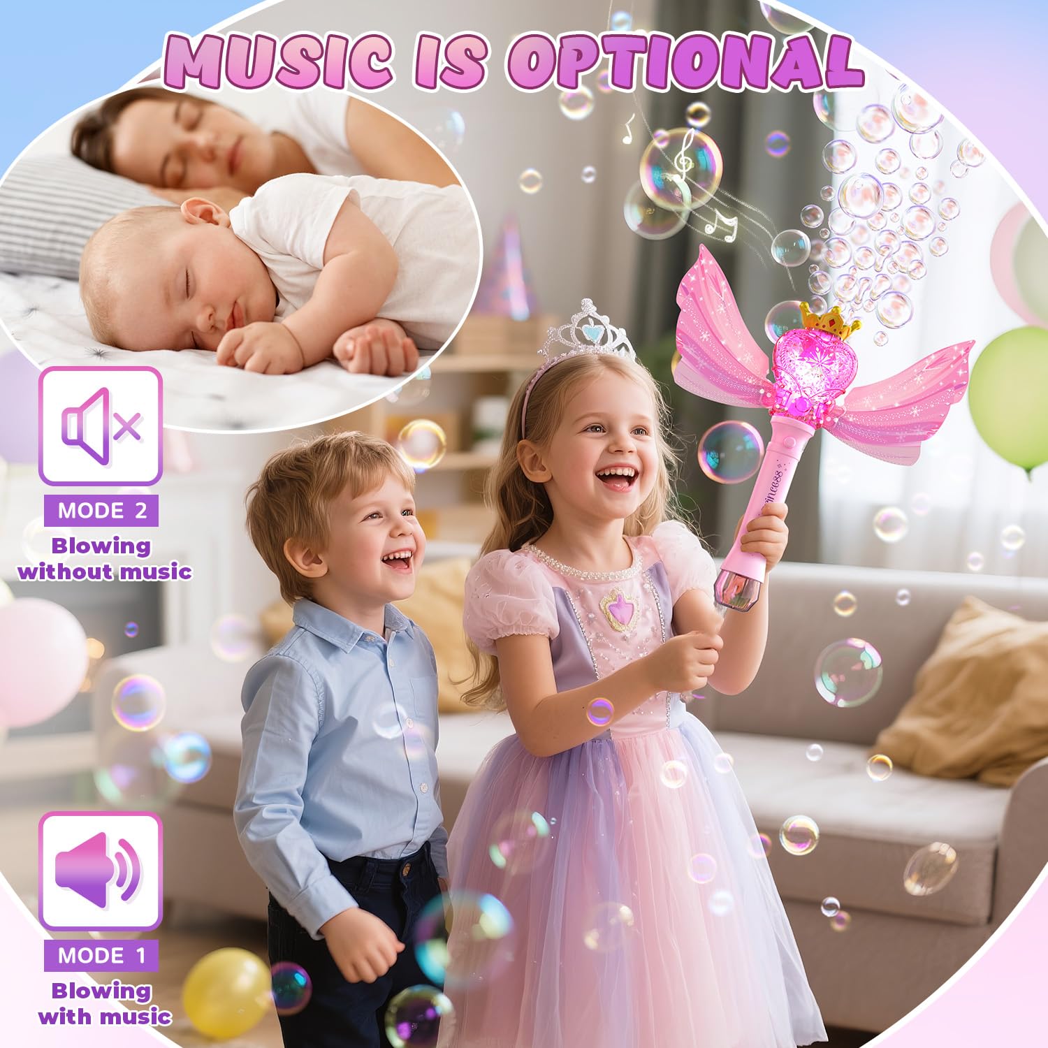 EagleStone Princess Bubble Wand with LED Lights & Music – Includes 4 Bubble Solutions, Outdoor Toy Gift for Girls Ages 3-8