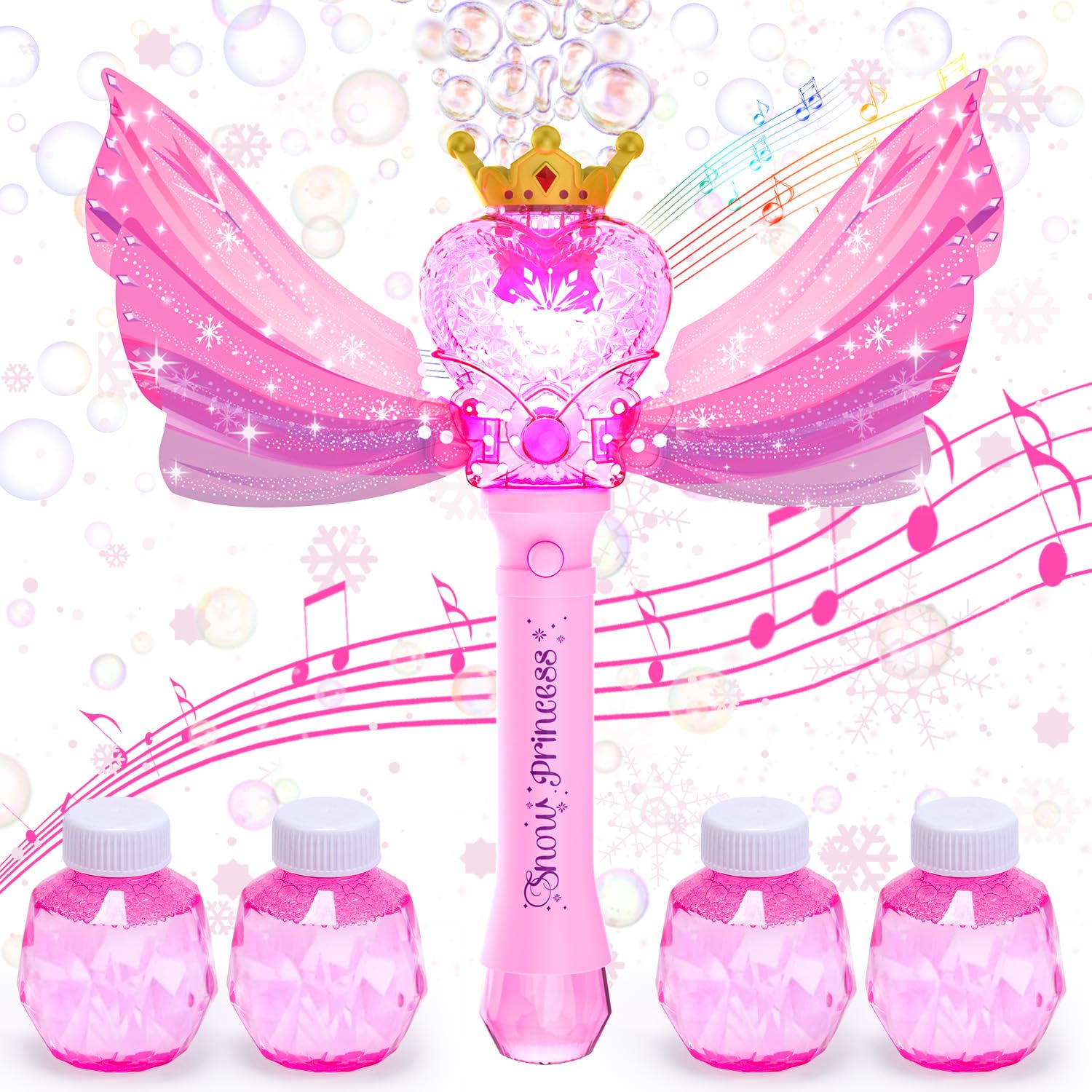 EagleStone Princess Bubble Wand with LED Lights & Music – Includes 4 Bubble Solutions, Outdoor Toy Gift for Girls Ages 3-8