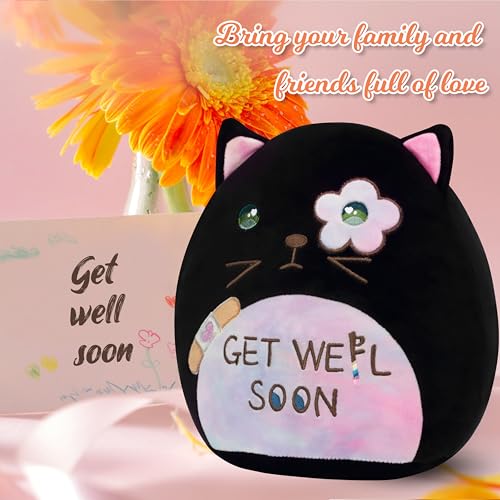 Easfan 12-Inch Get Well Soon Plush Cat Pillow – Soft Black Kitty with Rainbow Belly for Patients