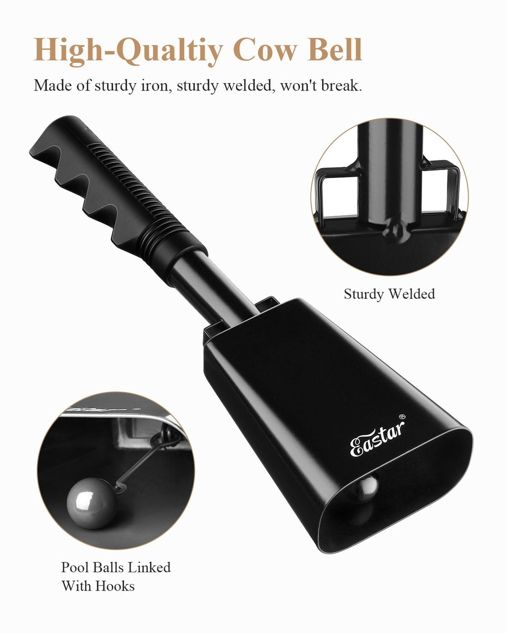 Eastar Cow Bell with Handle 2 Pack – Large 10 Inch Cheering Bells for Sporting Events, Black