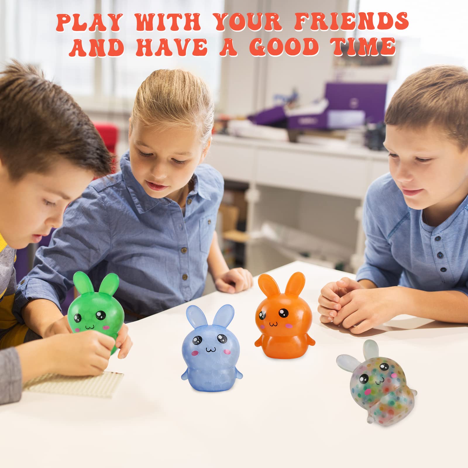 Easter Bunny Stress Balls - 4 Pack Squishy Fidget Toys for Easter Baskets, Stress Relief, Party Favors
