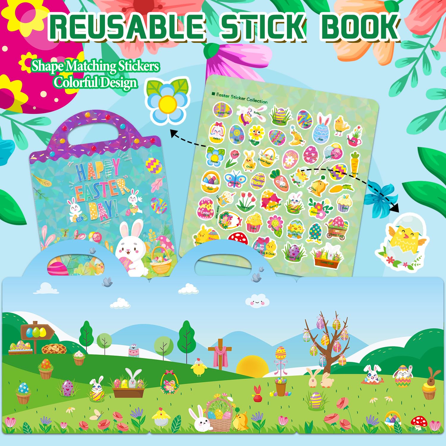 Easter Reusable Sticker Book for Kids 3-6 – 114 PVC Stickers, Portable Travel Toy for Boys & Girls (A)