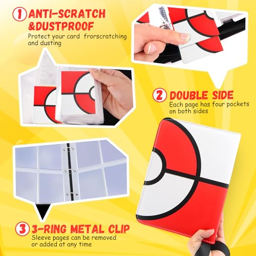 EASYFUN 4-Pocket Card Binder - Holds Up to 400 Cards, PU Waterproof, Red, with Removable Sleeves and Wrist Strap