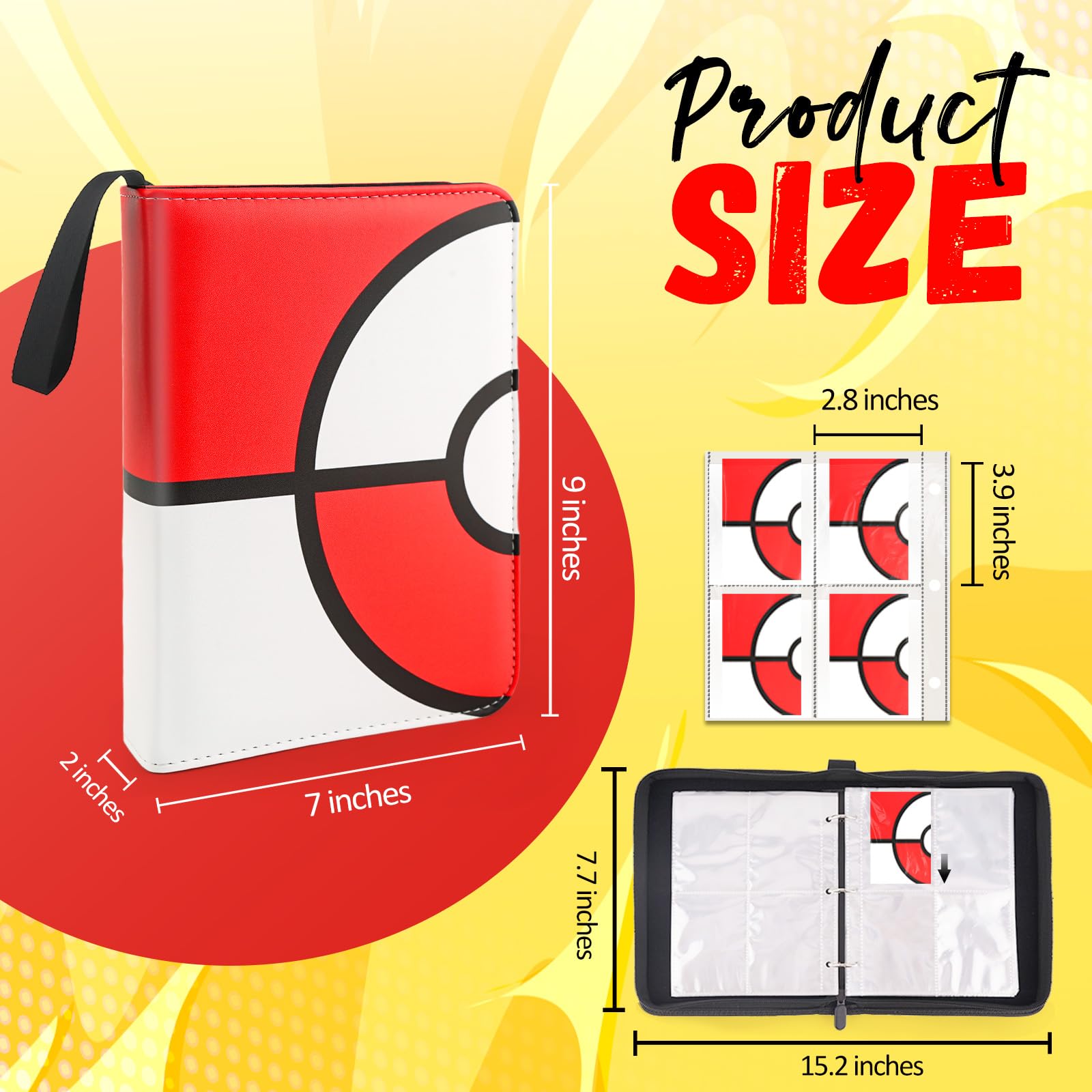 EASYFUN 4-Pocket Card Binder - Holds Up to 400 Cards, PU Waterproof, Red, with Removable Sleeves and Wrist Strap