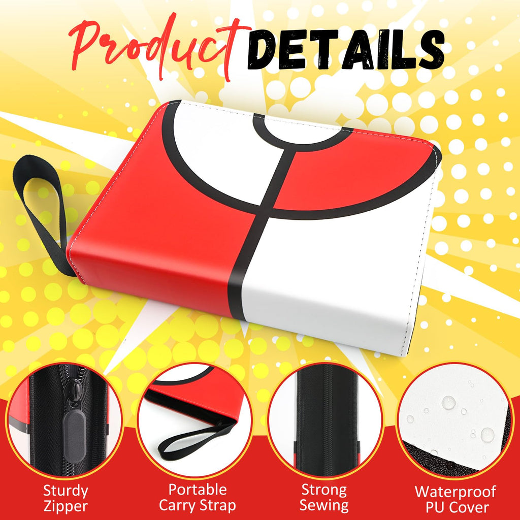 EASYFUN 4-Pocket Card Binder - Holds Up to 400 Cards, PU Waterproof, Red, with Removable Sleeves and Wrist Strap