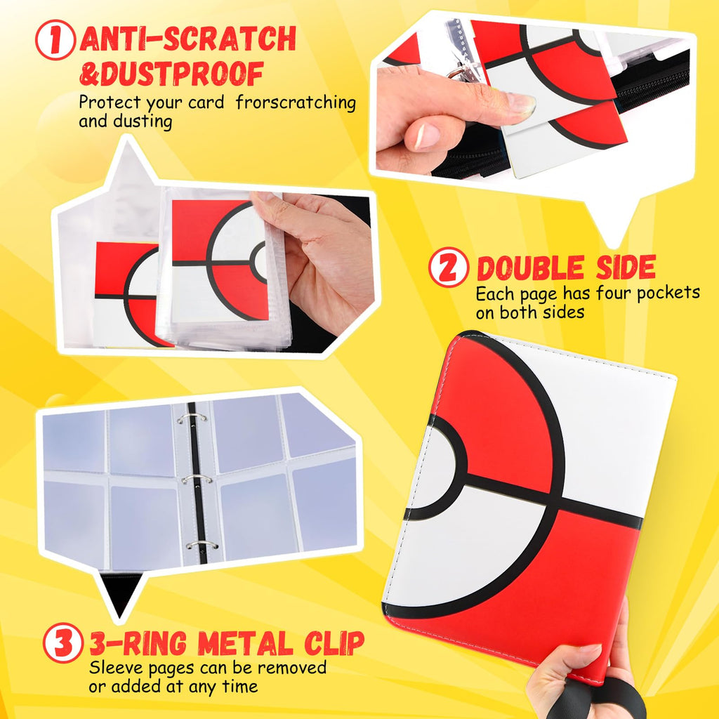 EASYFUN 4-Pocket Card Binder - Holds Up to 400 Cards, PU Waterproof, Red, with Removable Sleeves and Wrist Strap