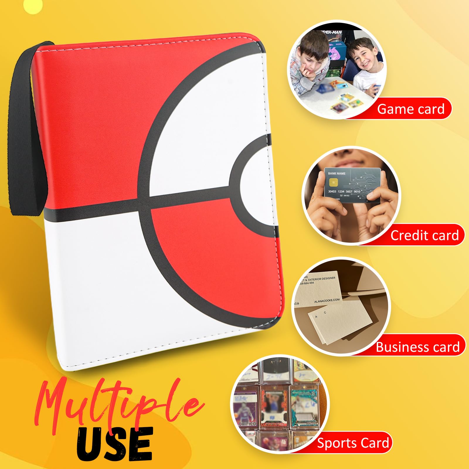 EASYFUN 4-Pocket Card Binder - Holds Up to 400 Cards, PU Waterproof, Red, with Removable Sleeves and Wrist Strap