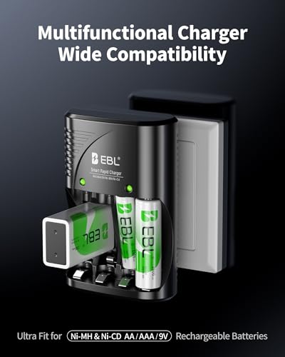 EBL 4-Bay Battery Charger with 4 Pre-Charged AA 2800mAh NiMH Batteries - Compact and Intelligent