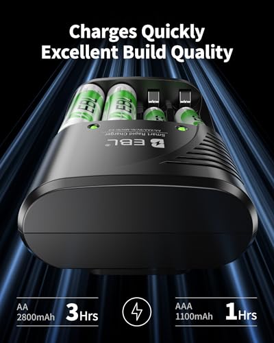 EBL 4-Bay Battery Charger with 4 Pre-Charged AA 2800mAh NiMH Batteries - Compact and Intelligent