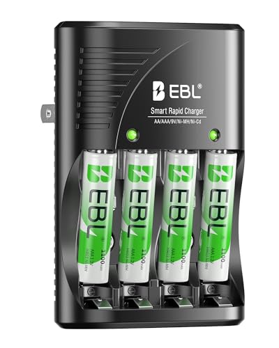 EBL 4-Bay Smart Charger with 4 AAA Rechargeable Batteries (1100mAh) – Foldable Plug, 0V Activation