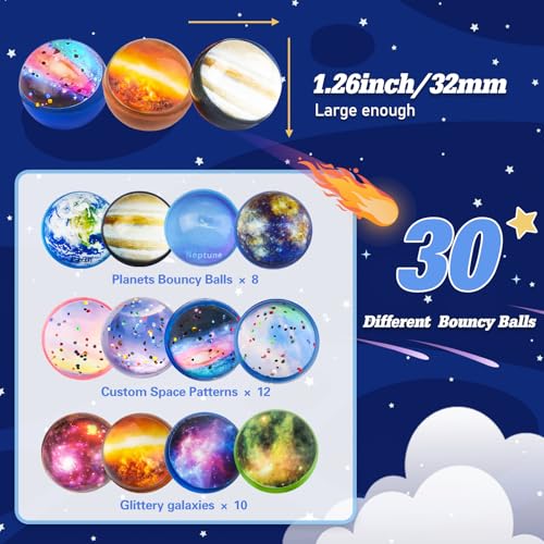 Ecoofor 30 Pack Galaxy Bouncy Balls – 32mm Space Themed Rubber Balls for Kids Party Favors, Goodie Bag Fillers & Carnival Prizes