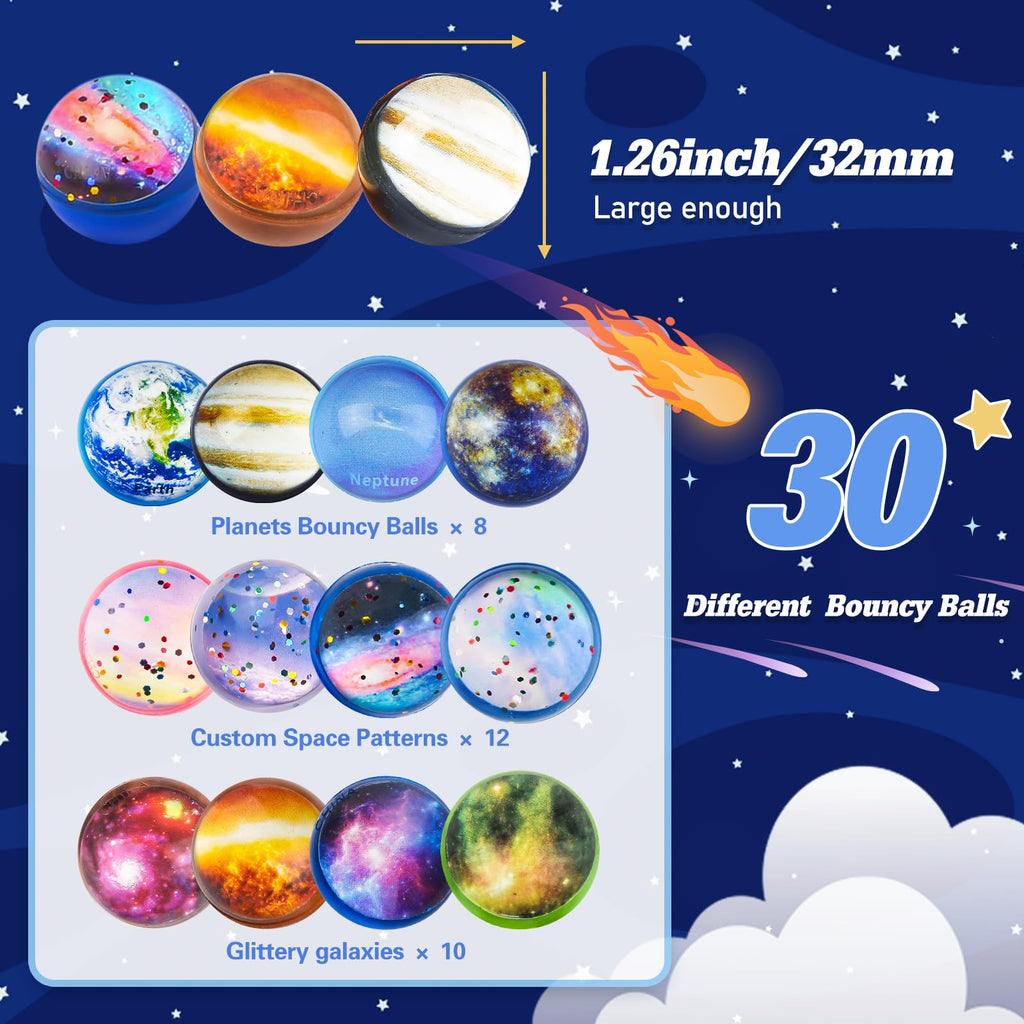 Ecoofor 30 Pack Galaxy Bouncy Balls – 32mm Space Themed Rubber Balls for Kids Party Favors, Goodie Bag Fillers & Carnival Prizes