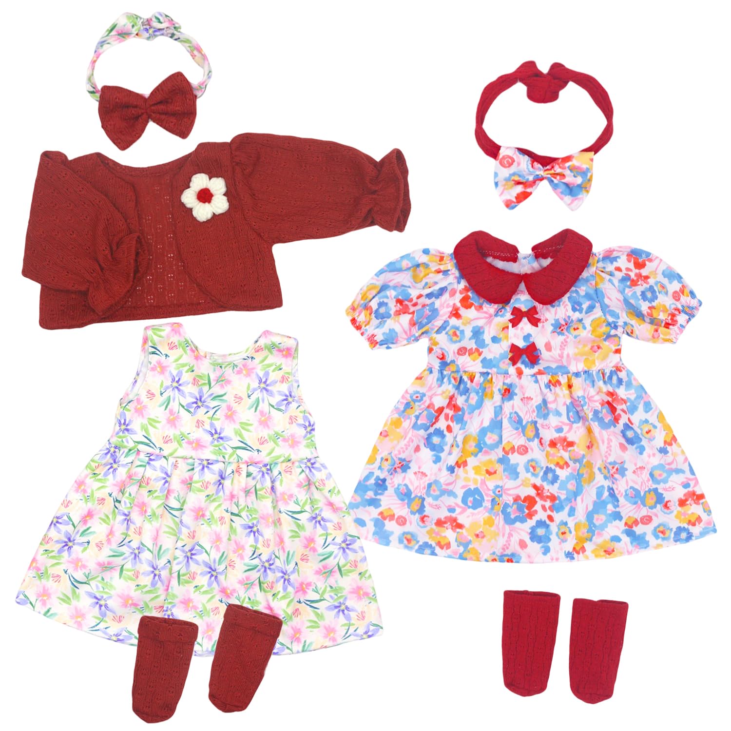 Ecore Fun 2 Set Baby Doll Clothes for 20-22 Inch Dolls - 7 Piece Outfit Set with Skirts, Socks, Headbands (Doll Not Included)