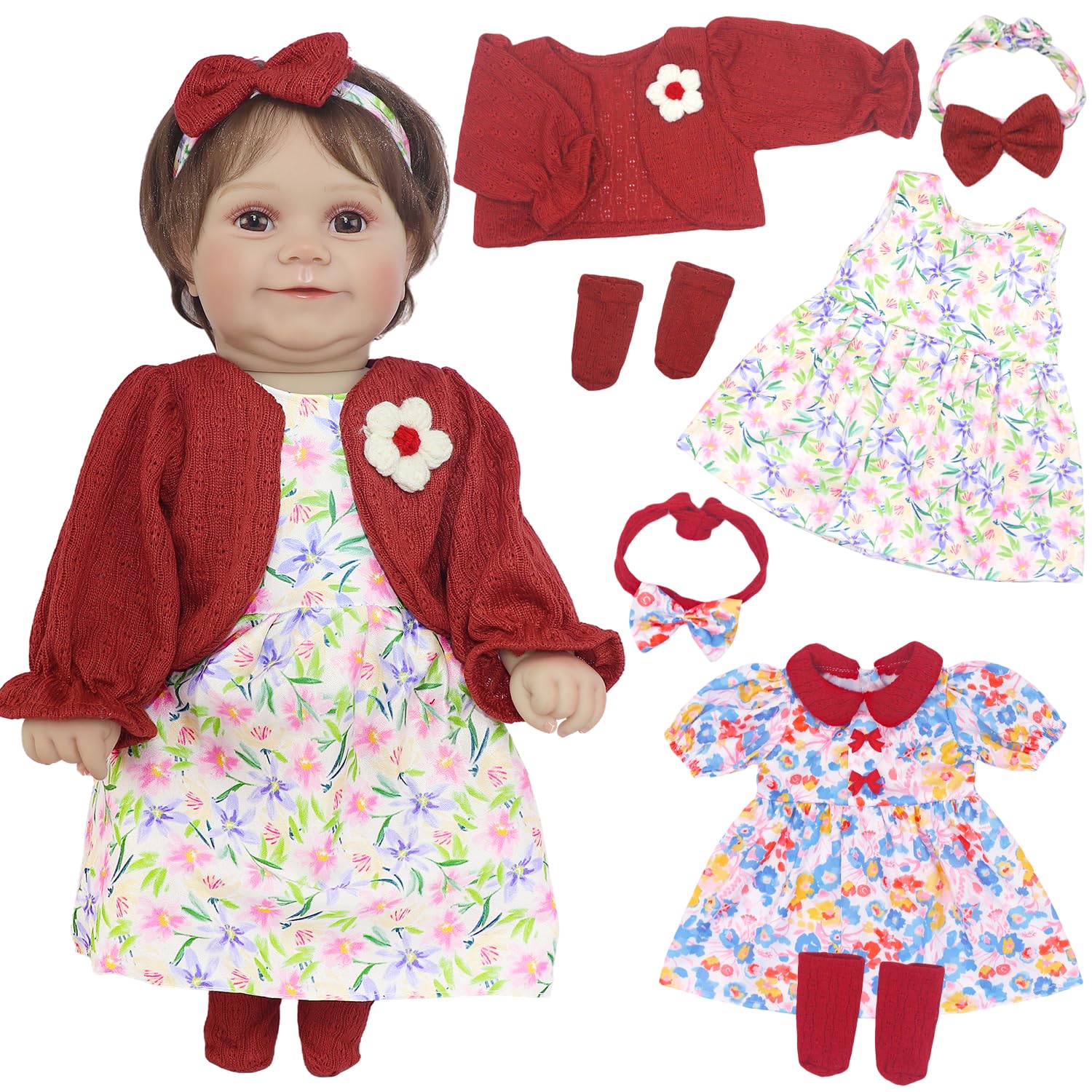 Ecore Fun 2 Set Baby Doll Clothes for 20-22 Inch Dolls - 7 Piece Outfit Set with Skirts, Socks, Headbands (Doll Not Included)