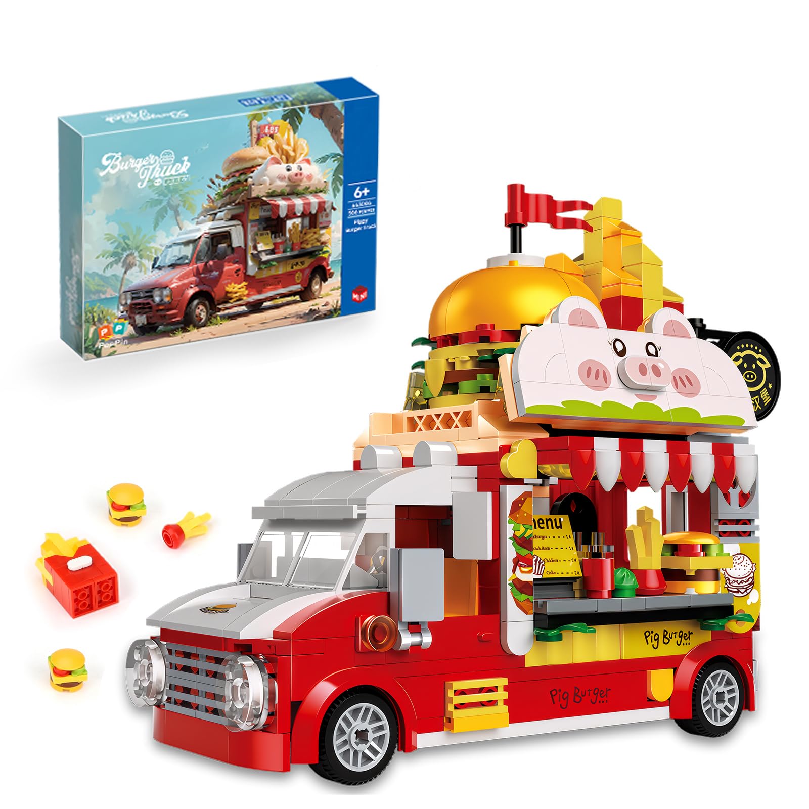 ecpoteny Piggy Burger Truck Building Set – 566-Piece Fast Food Truck Toy for Kids Ages 6+