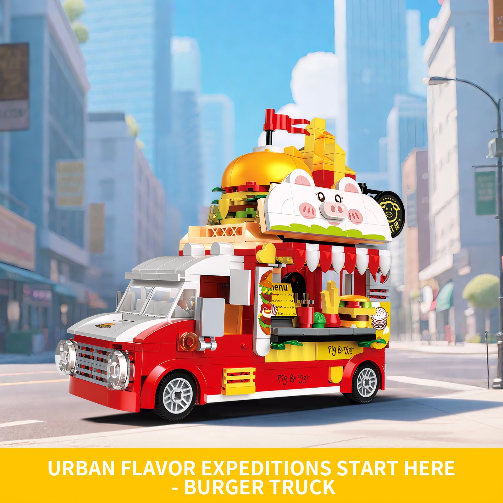 ecpoteny Piggy Burger Truck Building Set – 566-Piece Fast Food Truck Toy for Kids Ages 6+