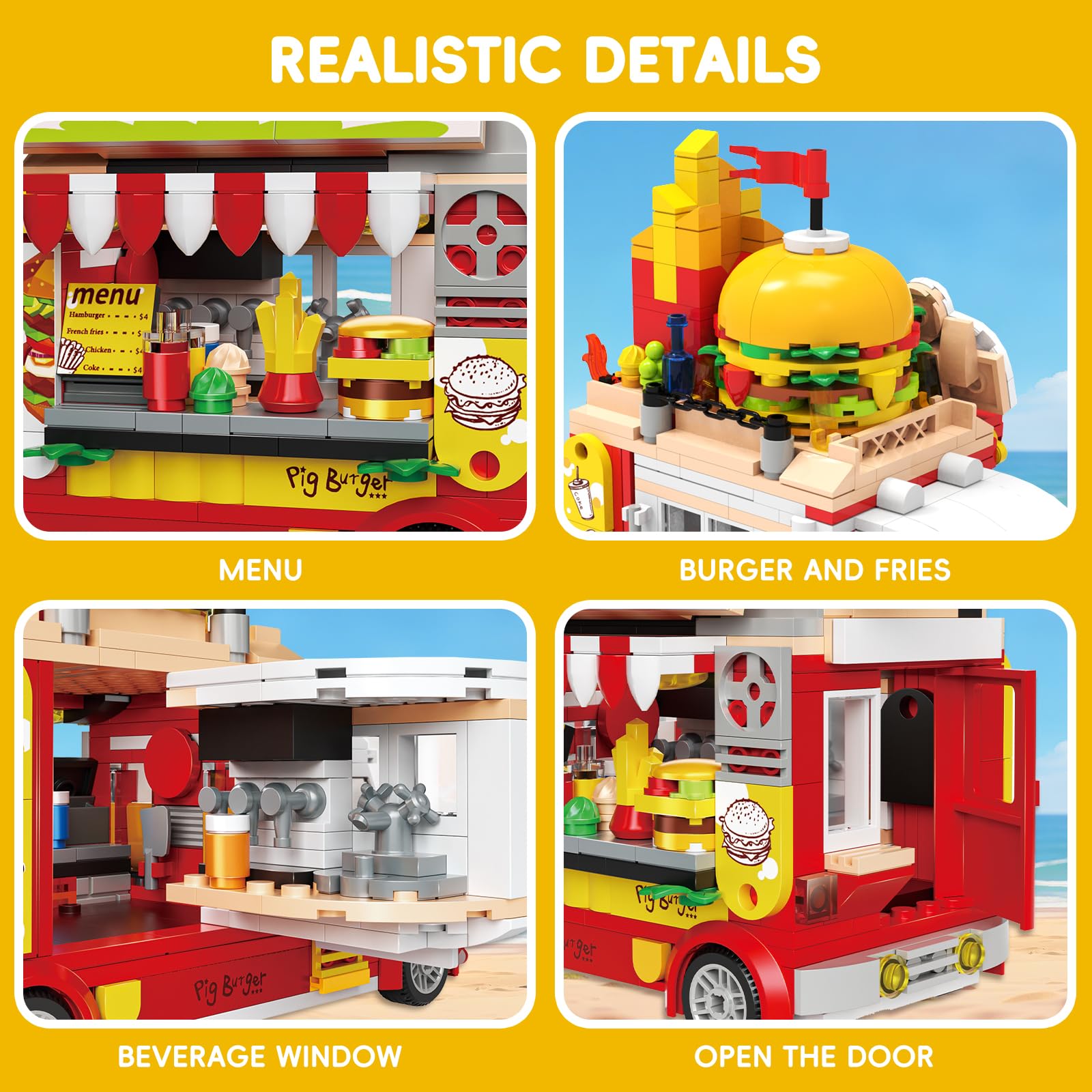 ecpoteny Piggy Burger Truck Building Set – 566-Piece Fast Food Truck Toy for Kids Ages 6+