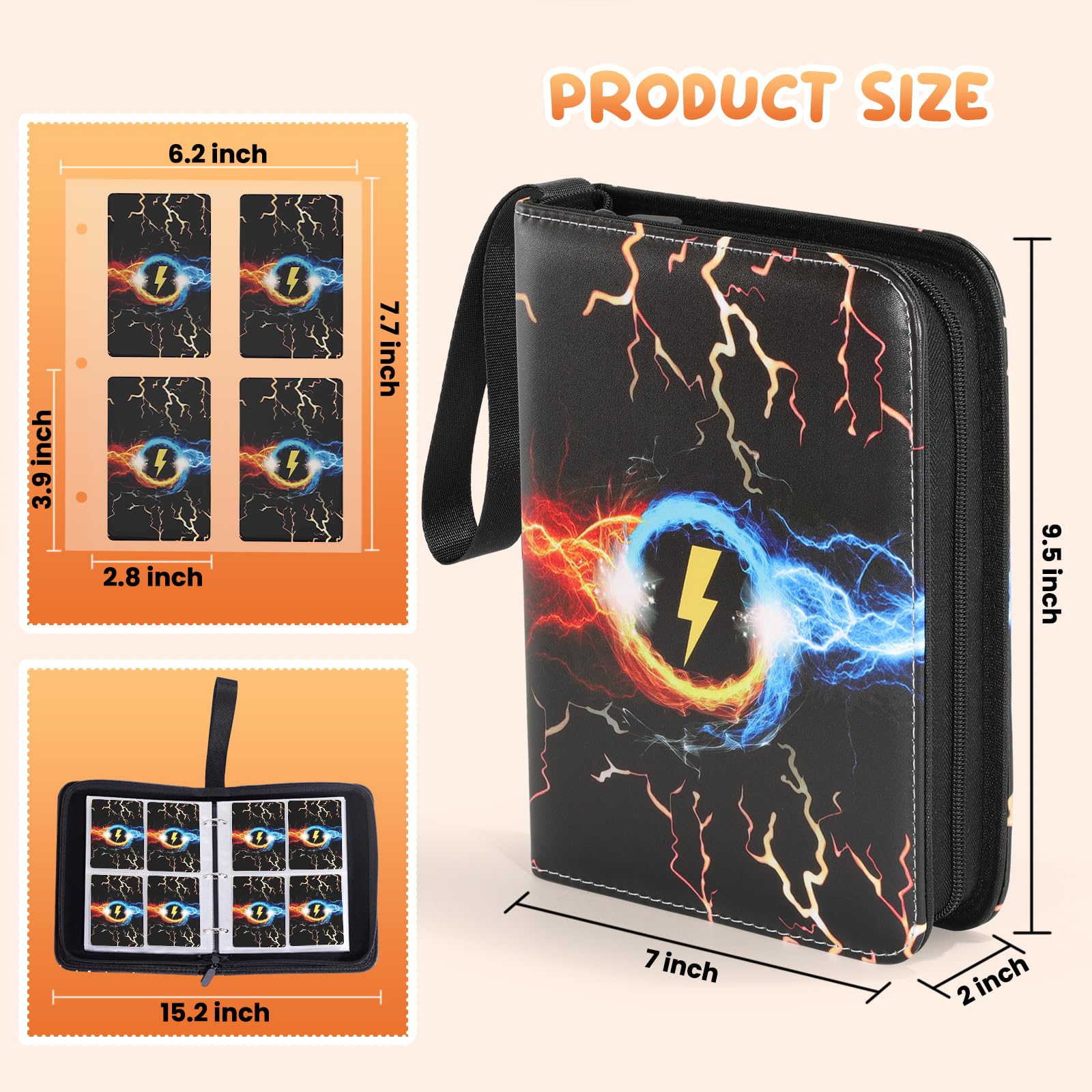 Edrape 4-Pocket Trading Card Binder – Holds 400 Cards, 50 Sleeves, Zipper Closure, Black