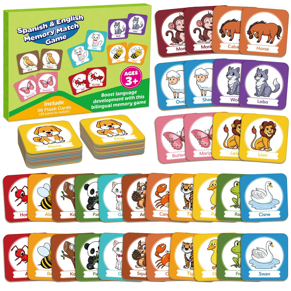 Edulok Bilingual Memory Card Game: Learn Spanish for Kids, 28 Pairs of Flashcards for Preschool Learning
