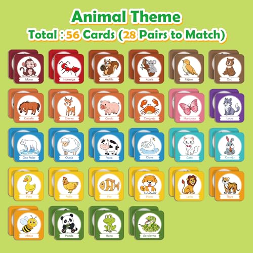 Edulok Bilingual Memory Card Game: Learn Spanish for Kids, 28 Pairs of Flashcards for Preschool Learning