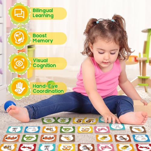 Edulok Bilingual Memory Card Game: Learn Spanish for Kids, 28 Pairs of Flashcards for Preschool Learning