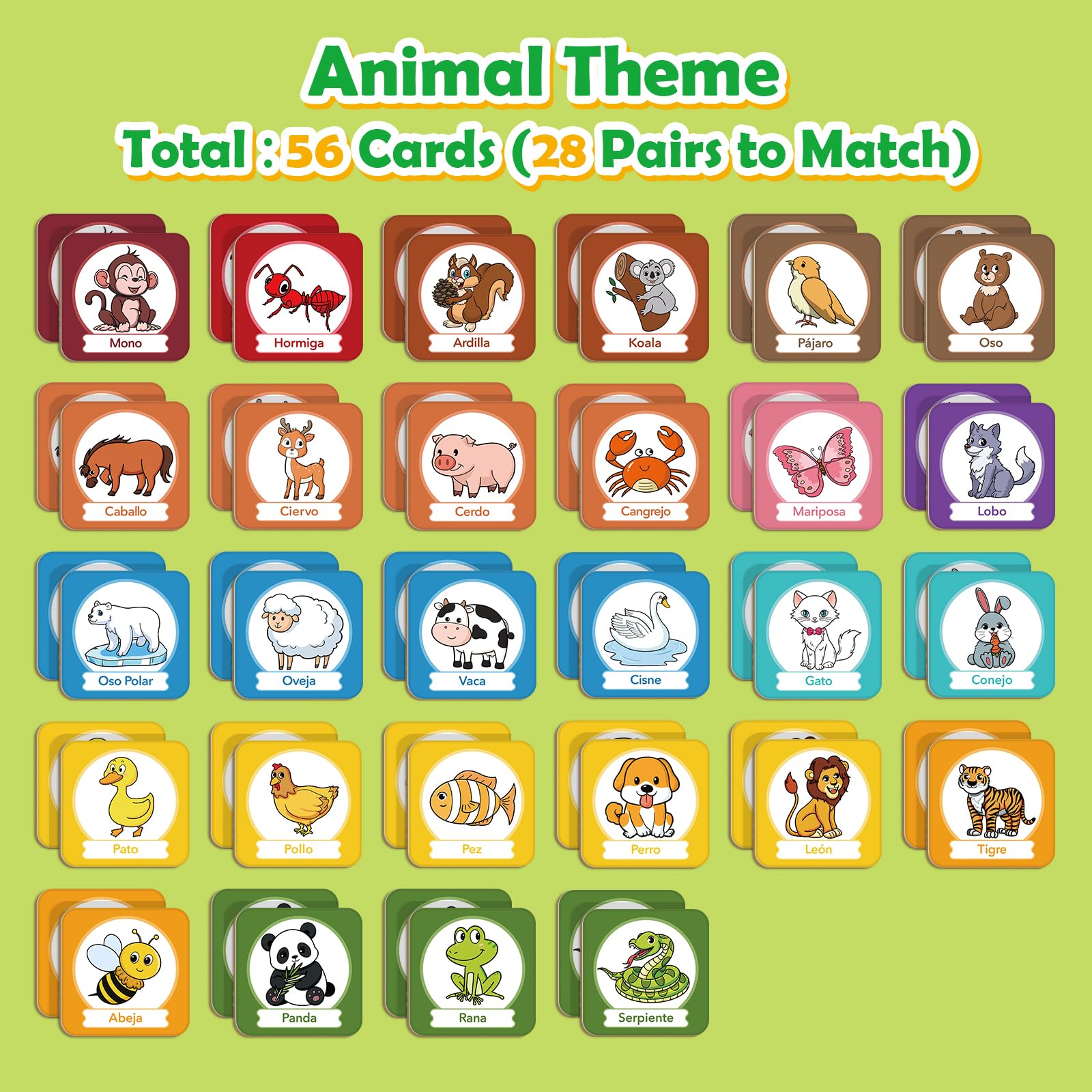 Edulok Bilingual Memory Card Game: Learn Spanish for Kids, 28 Pairs of Flashcards for Preschool Learning